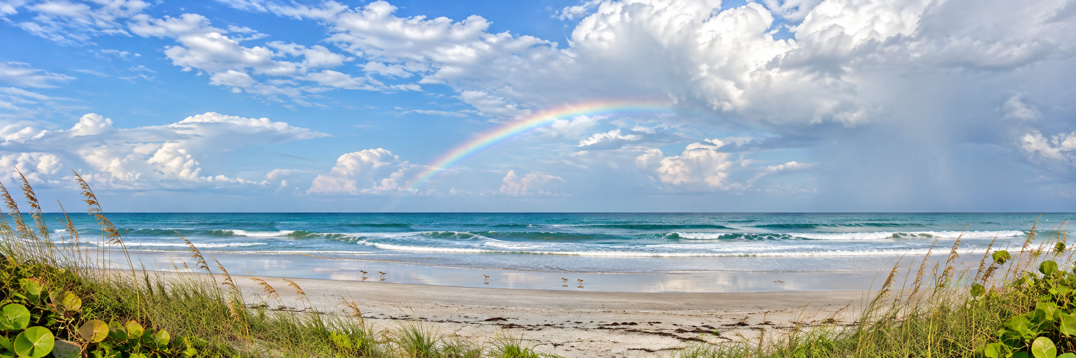 Rainbow over a peaceful Atlantic beach with sea oats and gentle waves